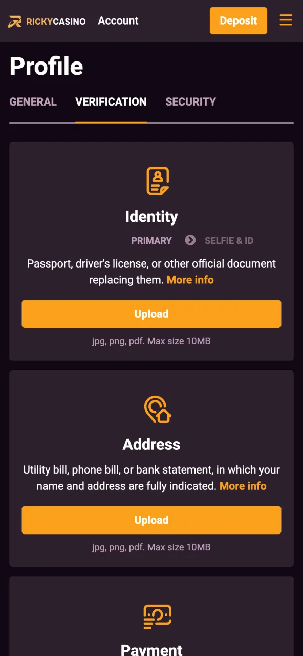 Verify Ricky Casino account by confirming email or SMS code.